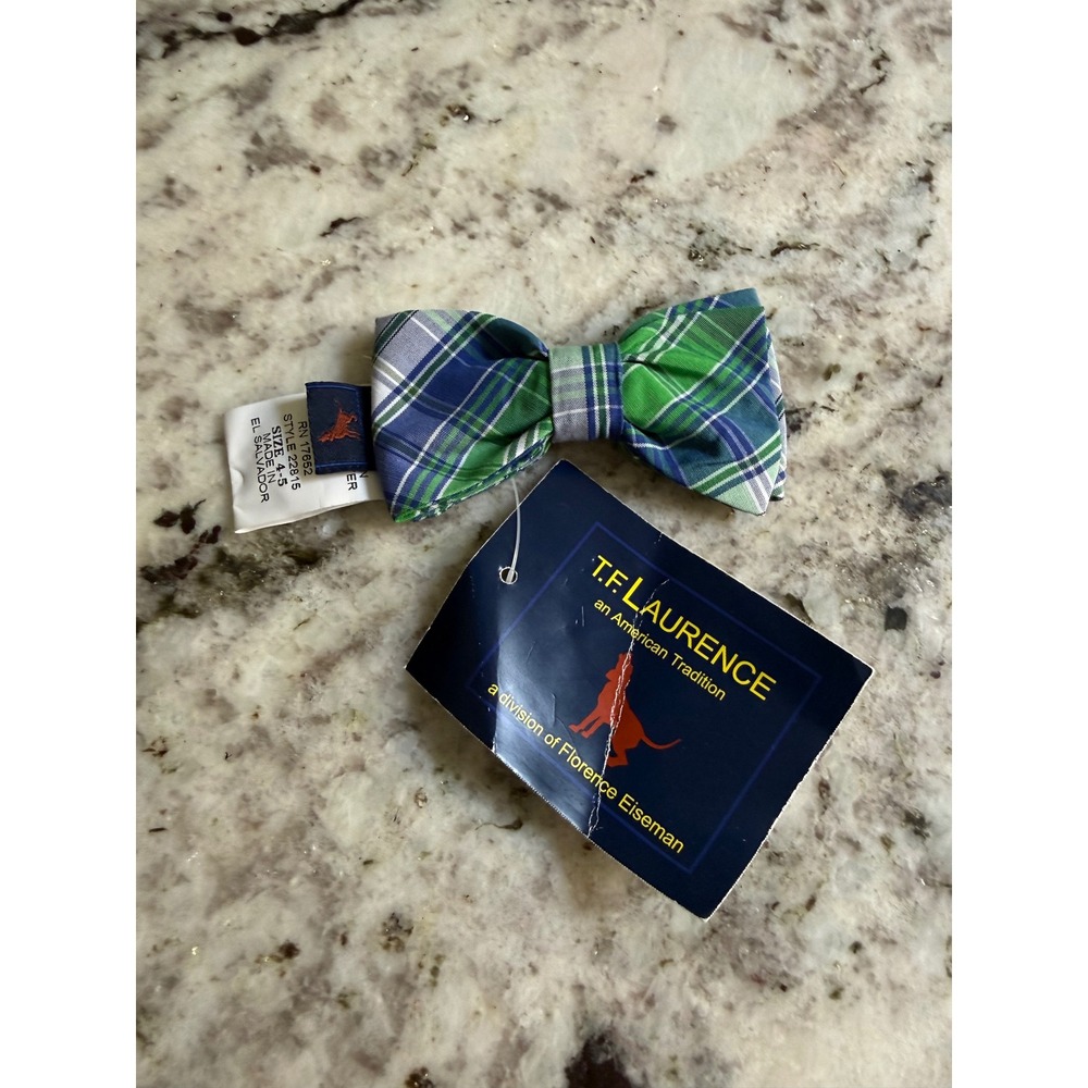 NWT Florence Eiseman Boys Clip On Bow Tie Blue/Green Plaid Preppy T.F. Laurence